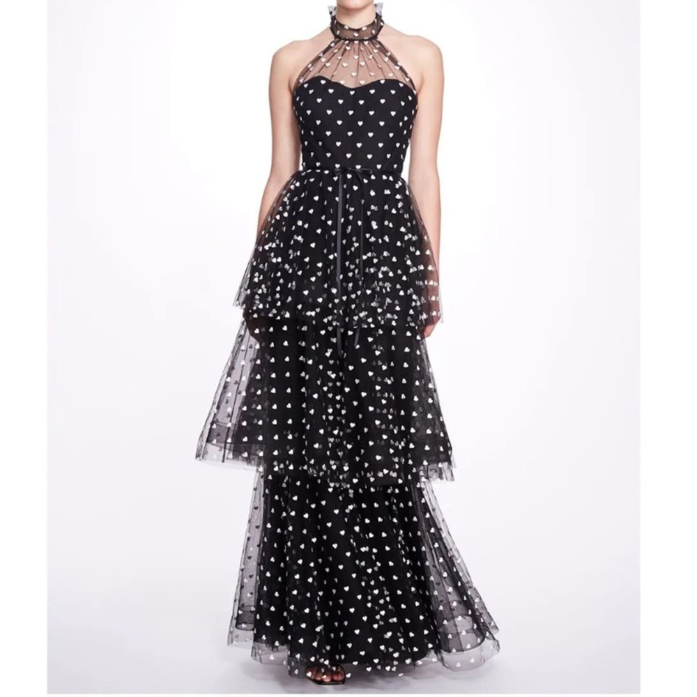 Marchesa Notte Sweetheart Neck Polka Dot Halter Dress
